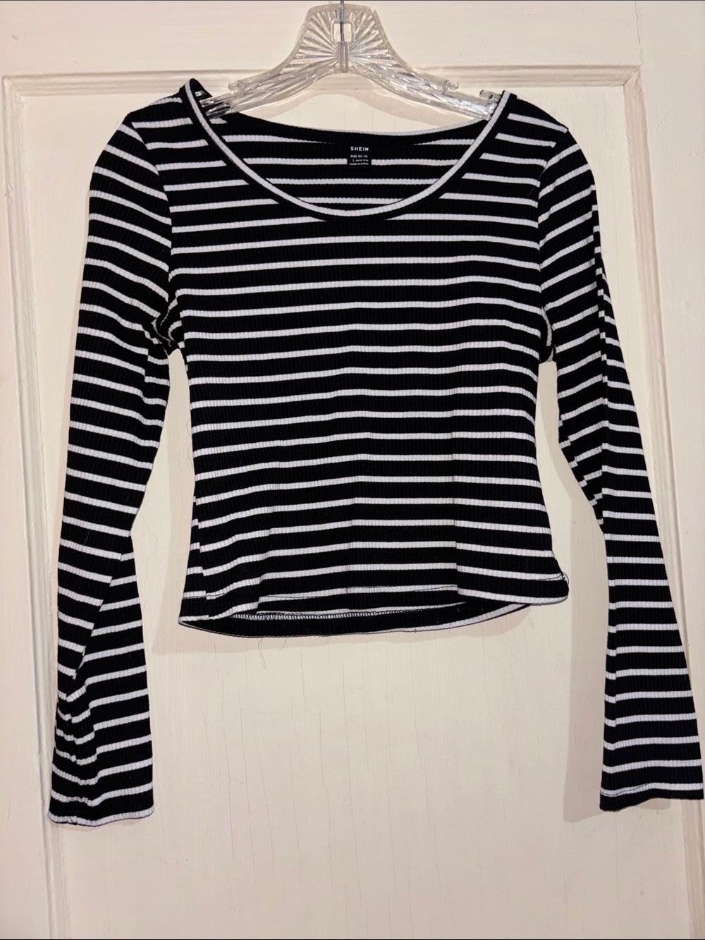 SHEIN Black & White Striped Ribbed Long-Sleeve Tee